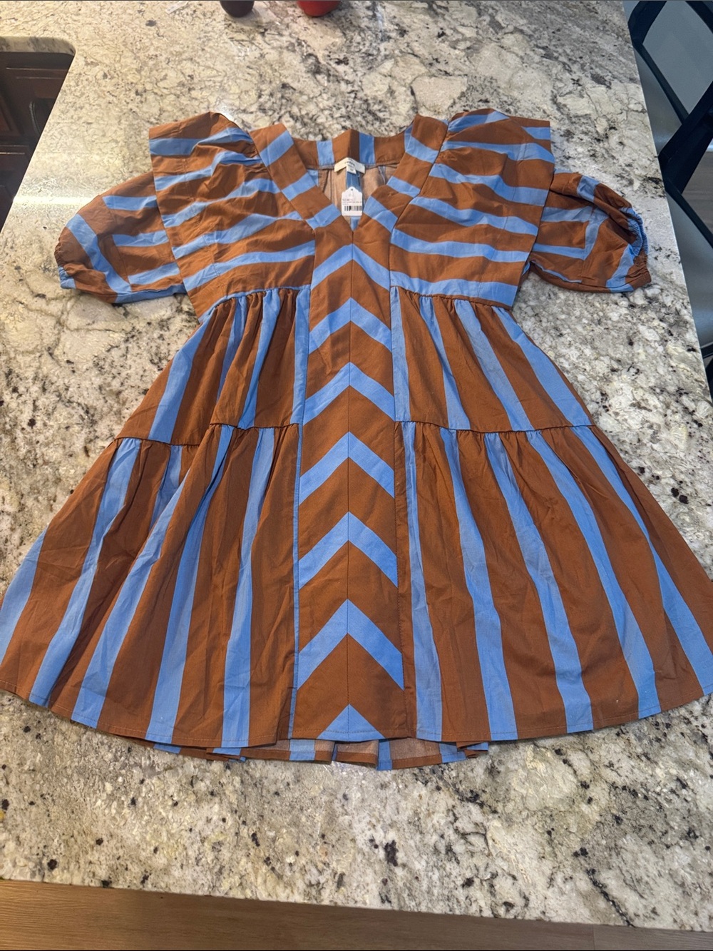 Ladies' Striped Puff-Sleeve Dress - Brown and Light Blue